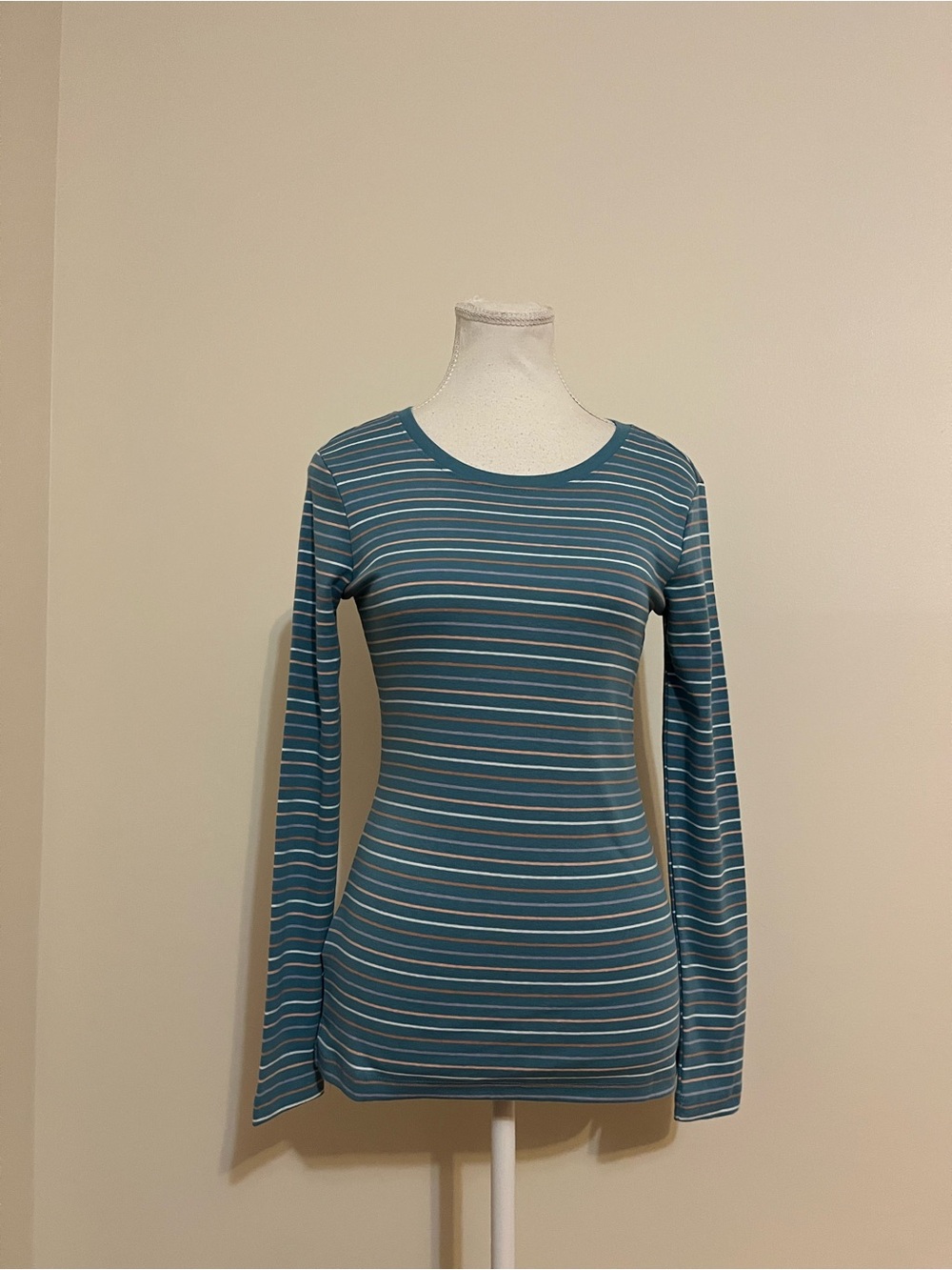 Eddie Bauer Teal and White Striped Long-Sleeve Tee